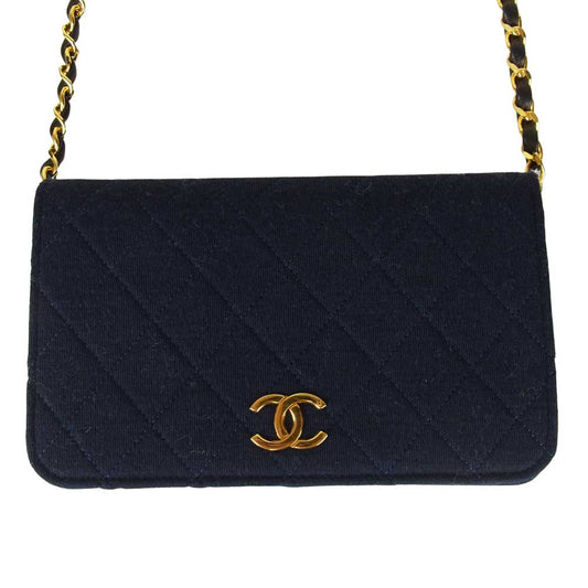 CHANEL シャネル ヴィンテージ コットン マトラッセ ココマーク チェーンショルダー ネイビー系【中古】