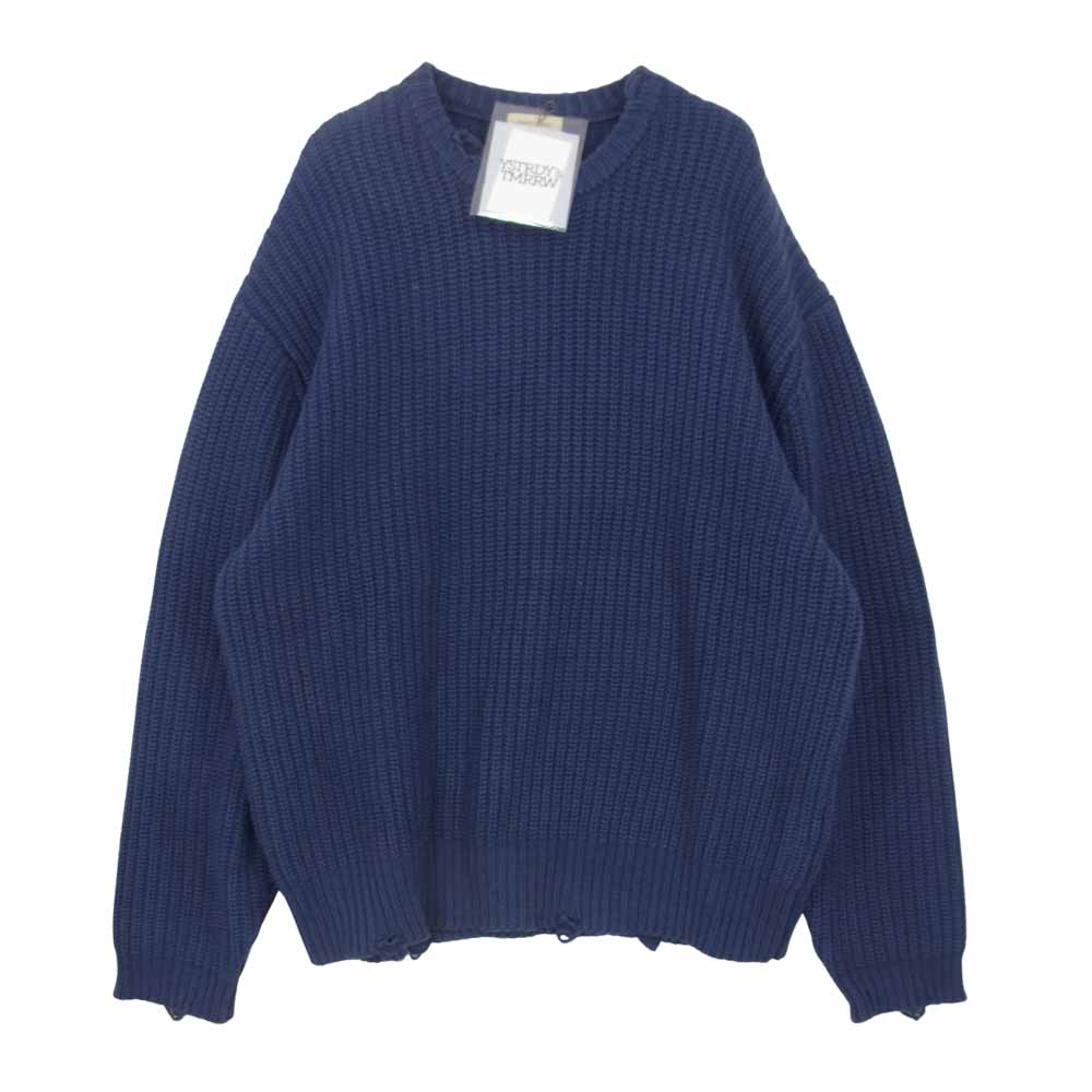 イエスタデイズ トゥモロー YT-K0705 MIX WOVEN PHAT SWEATER ダメージ加工 ミックス ウーブン ニット セーター ネイビー系 S【中古】