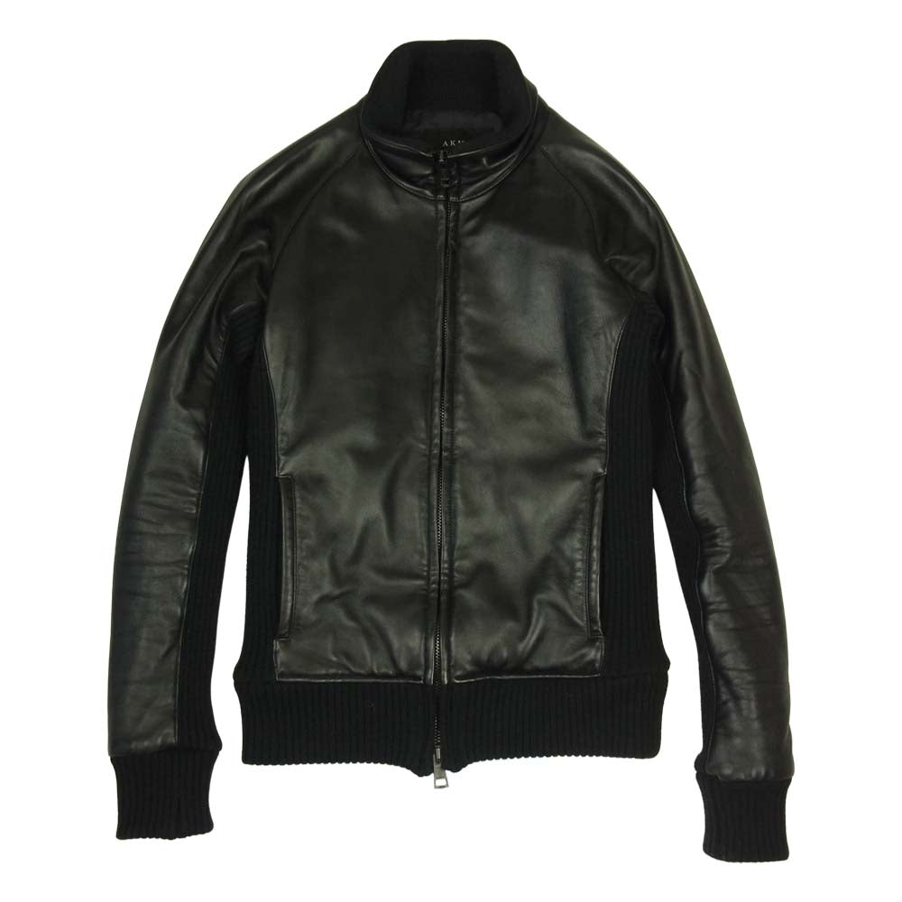 AKM エイケイエム B146 ラムレザー カシミヤ混ニット切替 フルジップ シングル ライダース ジャケット ブラック系 M【中古】