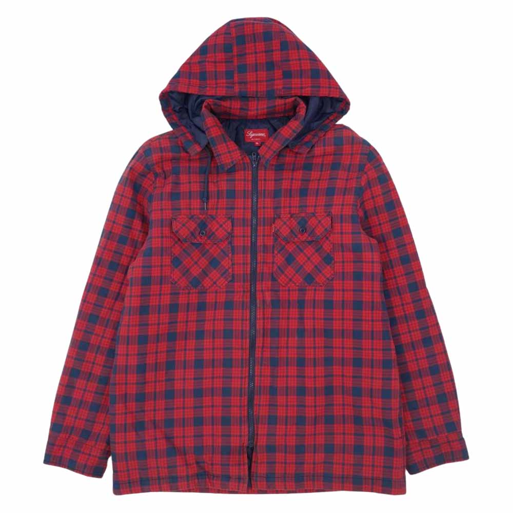 Supreme シュプリーム 14AW QUILTED ZIP FLANNEL キルティングライナー付 チェック シャツ ジップアップ ジャケット レッド系 XL【中古】