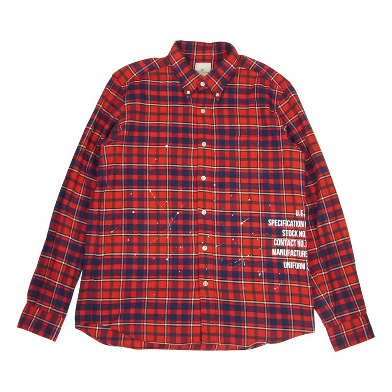 uniform experiment ユニフォームエクスペリメント UE-192039 FLANNEL CHECK DRIPPING B.D SHIRT ペイント加工 フランネル ボタンダウン シャツ レッド系 4【中古】