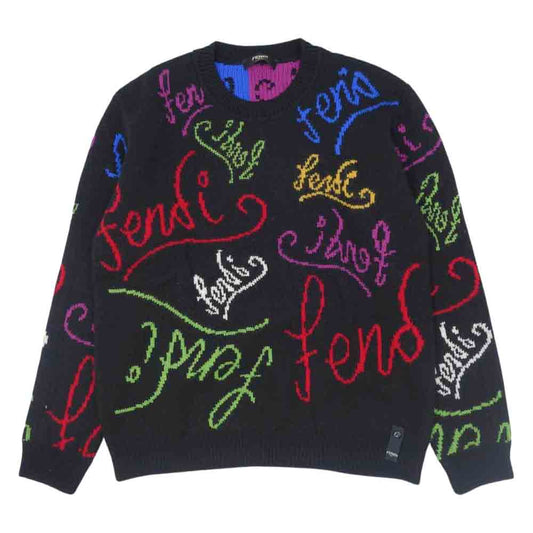 FENDI フェンディ 21AW FZY463 AH3E 国内正規品 ARTIST ALLOVER KNIT マルチ レタリング ロゴ クルーネック ニット セーター ブラック系 50【中古】