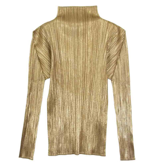 PLEATS PLEASE プリーツプリーズ イッセイミヤケ ISSEY MIYAKE イッセイミヤケ PP78JK504 箔プリント ハイネック カットソー ゴールド系 3【美品】【中古】