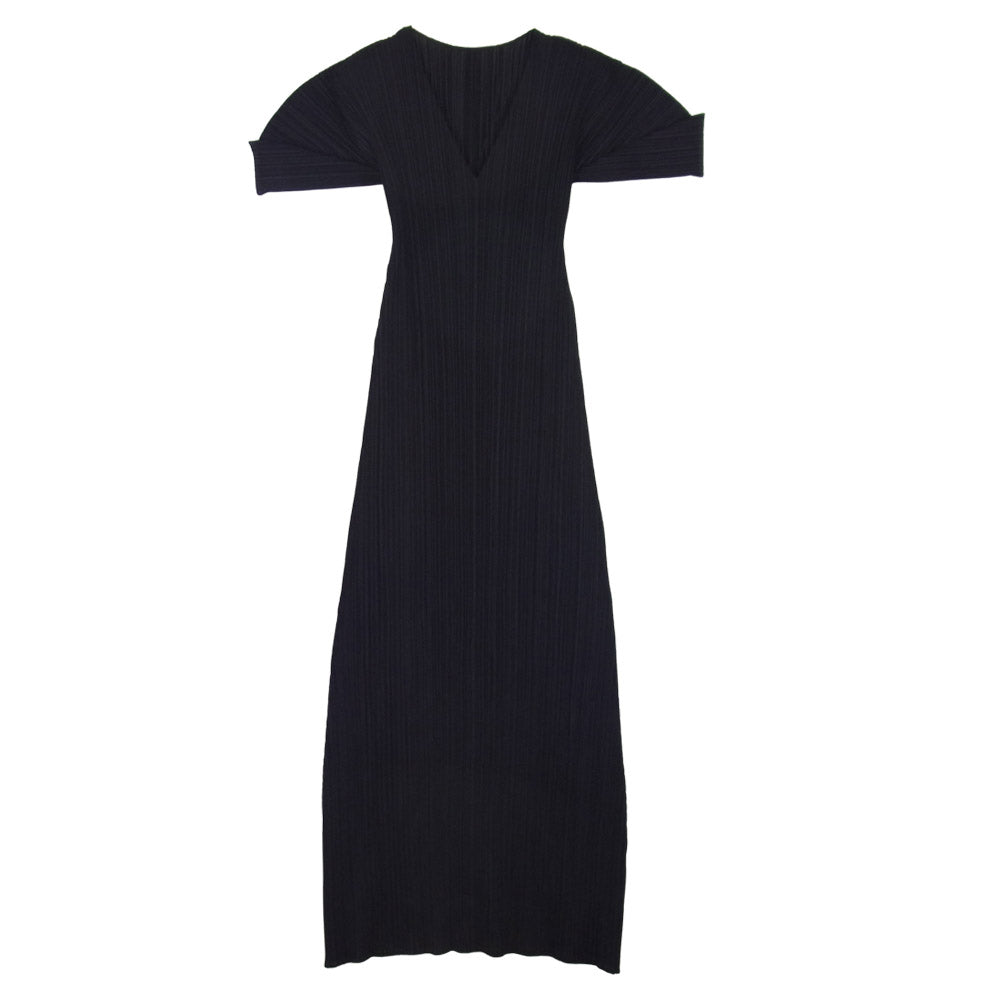PLEATS PLEASE プリーツプリーズ イッセイミヤケ ISSEY MIYAKE イッセイミヤケ PP05-JH111 プリーツ加工 Vネック 半袖 マキシ ワンピース ブラック系 3【美品】【中古】