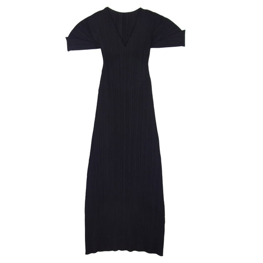 PLEATS PLEASE プリーツプリーズ イッセイミヤケ ISSEY MIYAKE イッセイミヤケ PP05-JH111 プリーツ加工 Vネック 半袖 マキシ ワンピース ブラック系 3【美品】【中古】