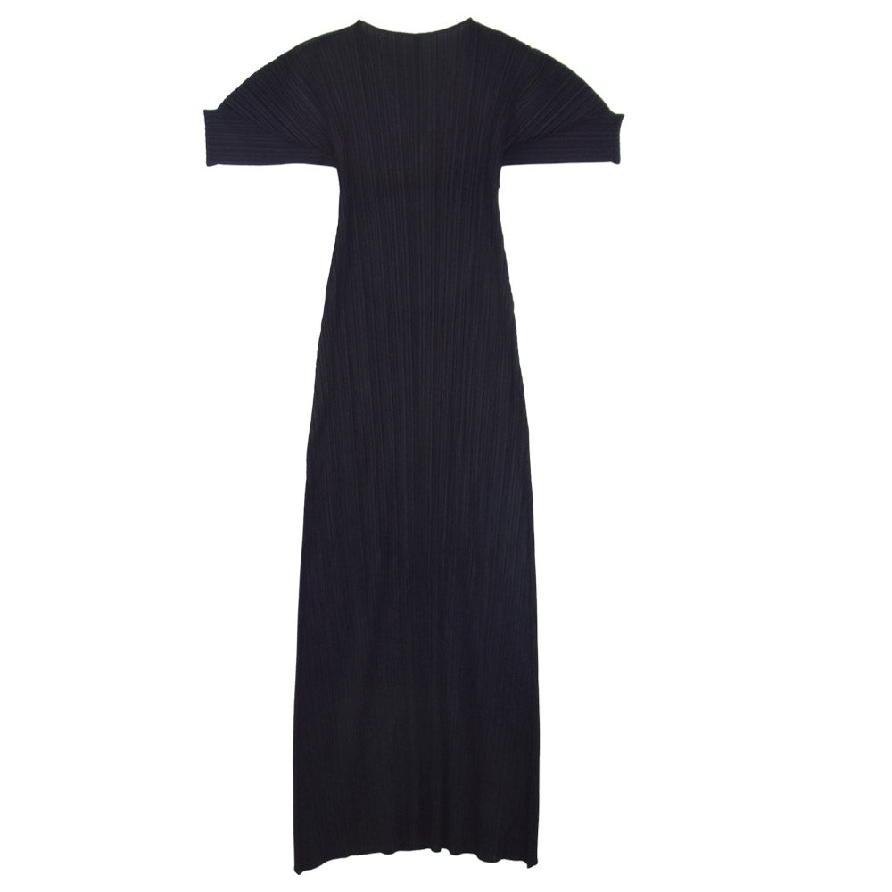 PLEATS PLEASE プリーツプリーズ イッセイミヤケ ISSEY MIYAKE イッセイミヤケ PP05-JH111 プリーツ加工 Vネック 半袖 マキシ ワンピース ブラック系 3【美品】【中古】
