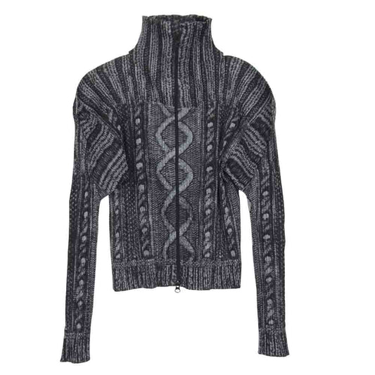 PLEATS PLEASE プリーツプリーズ イッセイミヤケ ISSEY MIYAKE イッセイミヤケ PP64-JC431 プリーツ加工 ケーブル編み転写プリント ハイネック ジップアップ ジャケット グレー系 3【美品】【中古】
