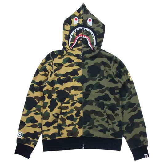 A BATHING APE アベイシングエイプ Shark Full Zip Hoodie 1st Camo Half シャークパーカー カモフラ ベージュ×緑系 L【中古】