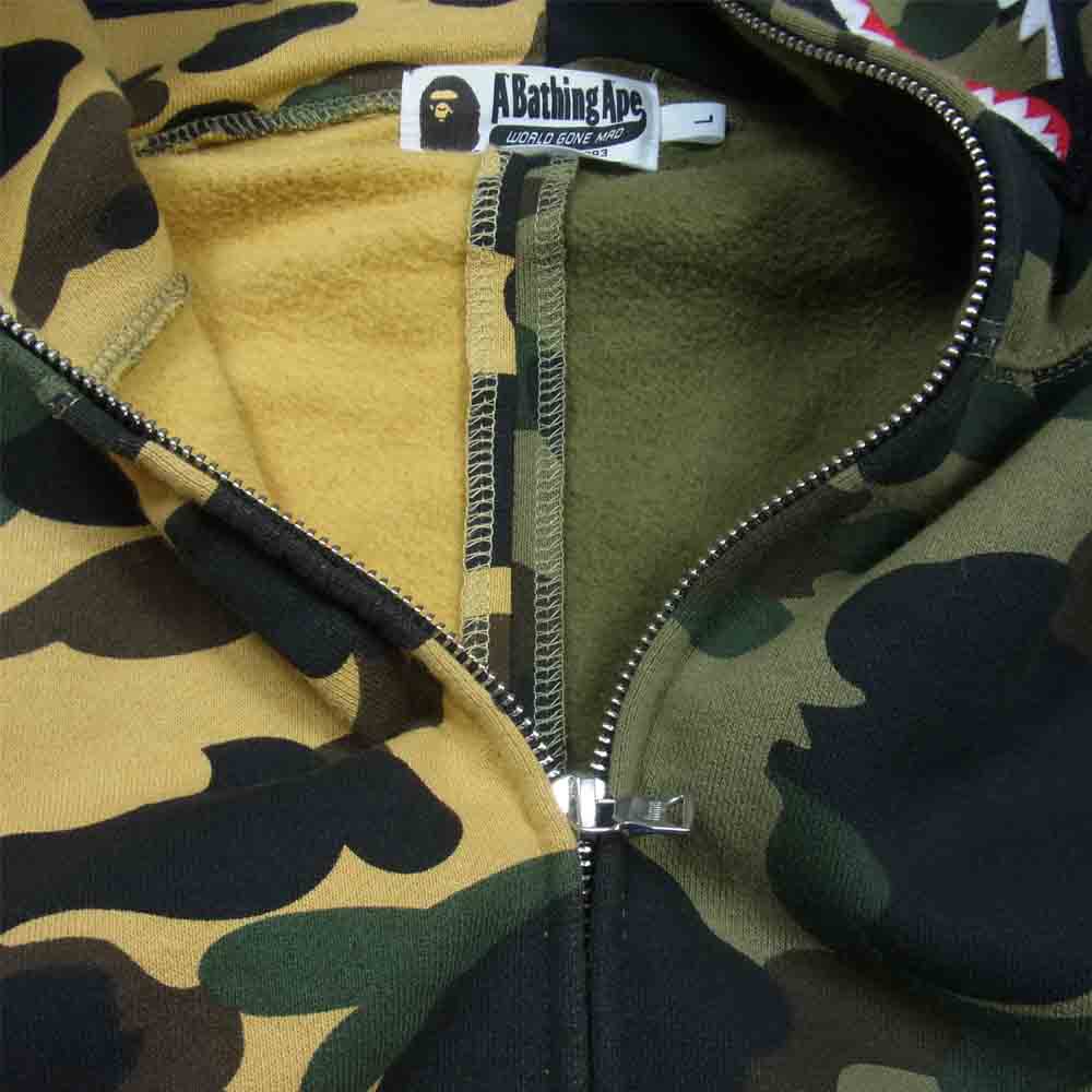 A BATHING APE アベイシングエイプ Shark Full Zip Hoodie 1st Camo Half シャークパーカー カモフラ ベージュ×緑系 L【中古】