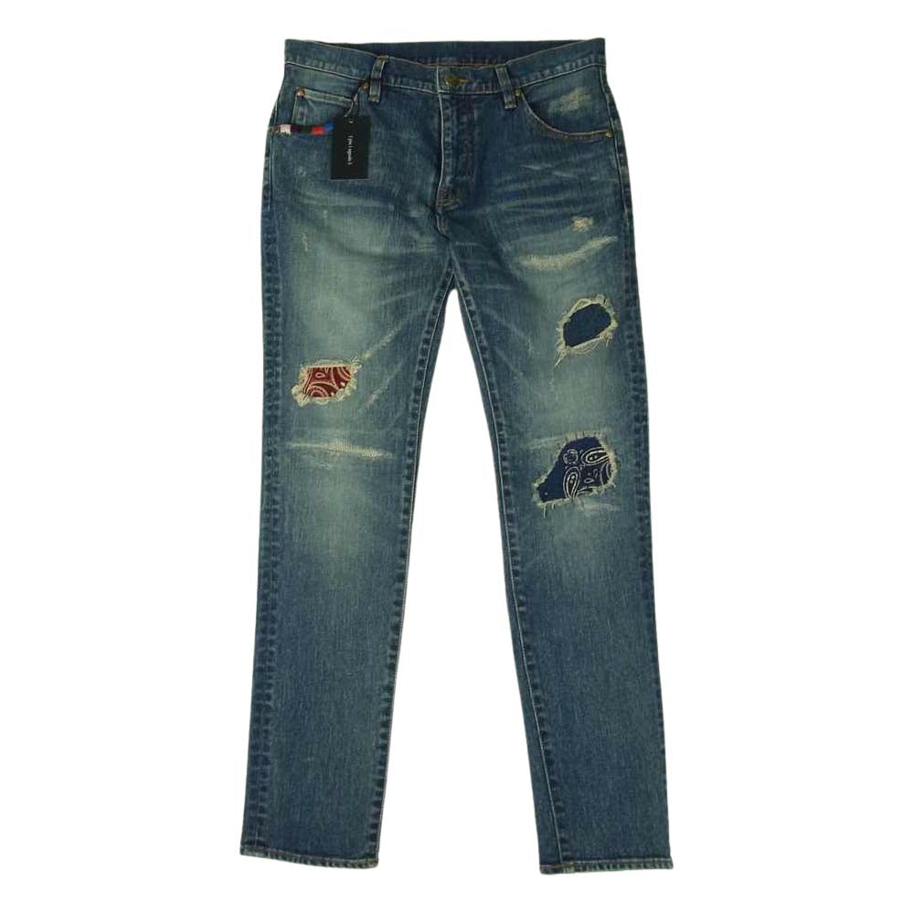 1piu1uguale3 ウノピュウノウグァーレトレ MRP367 CTU181 9 TAPERED BANDANA テーパード クラッシュ ダメージ リペア加工 バンダナ テーパード デニム パンツ インディゴブルー系 4【美品】【中古】