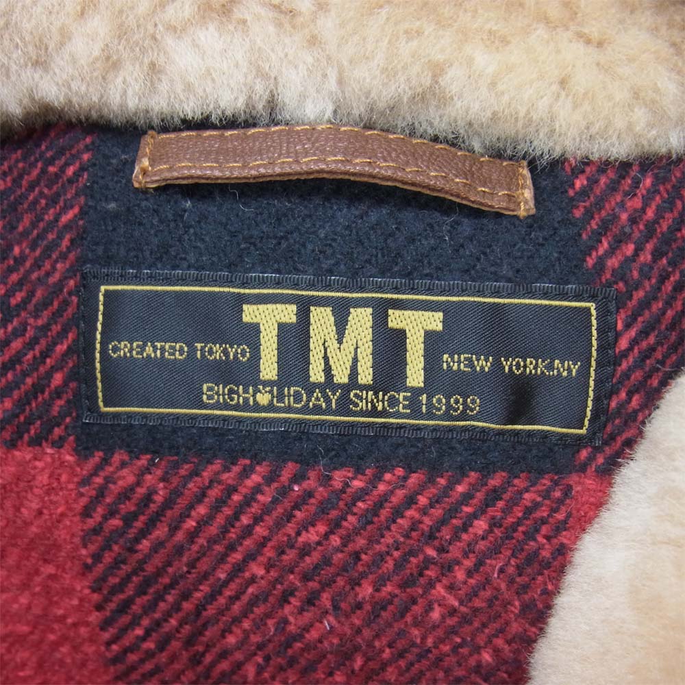 TMT ティーエムティー レザー ダウン ベスト ボア チェック ブラウン系 M【中古】