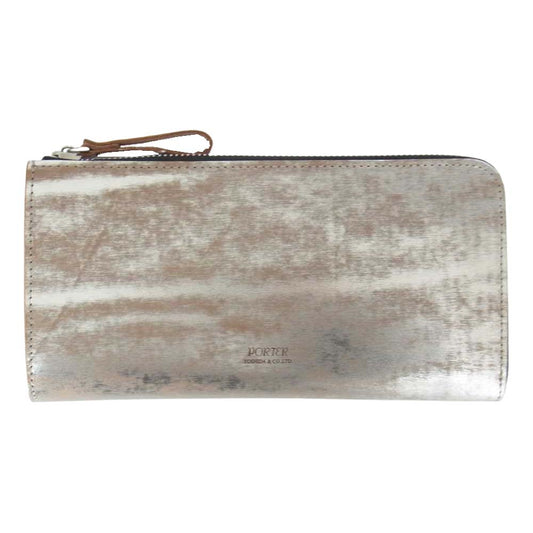PORTER ポーター 195-01329 FOIL WALLET L字 ファスナー ジップ 箔加工 牛ショルダーレザー 長財布 シルバー系【極上美品】【中古】
