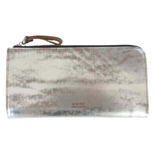 PORTER ポーター 195-01329 FOIL WALLET L字 ファスナー ジップ 箔加工 牛ショルダーレザー 長財布 シルバー系【極上美品】【中古】