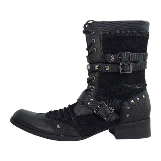 ラブハンター 104-6804 レースアップ ポインテッドトゥ ベルト サイドジップ スタッズ ブーツ ブラック系 44【美品】【中古】