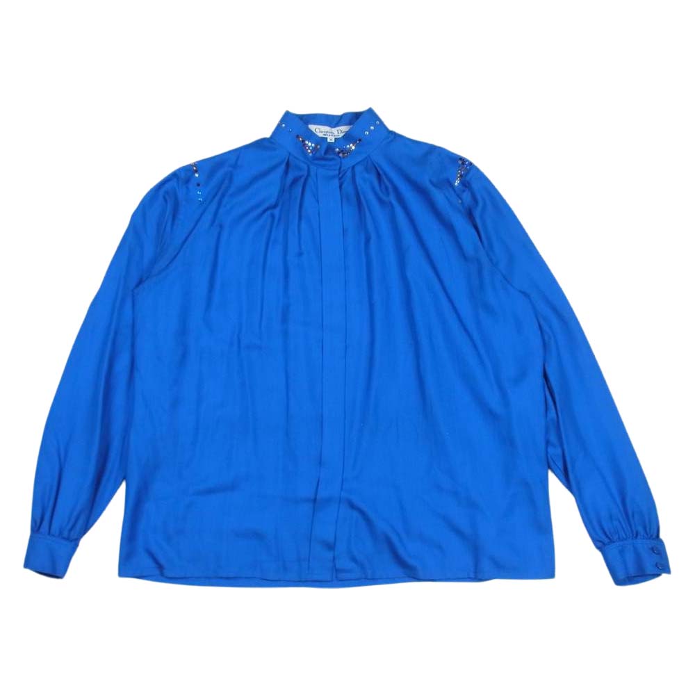 Christian Dior クリスチャンディオール シルク100% ギャザーカラー 比翼 シャツ ブラウス ブルー系 M【中古】