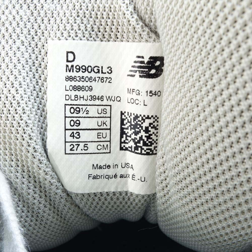 NEW BALANCE ニューバランス M990GL3 USA製 ローカット スニーカー 9 1/2【中古】