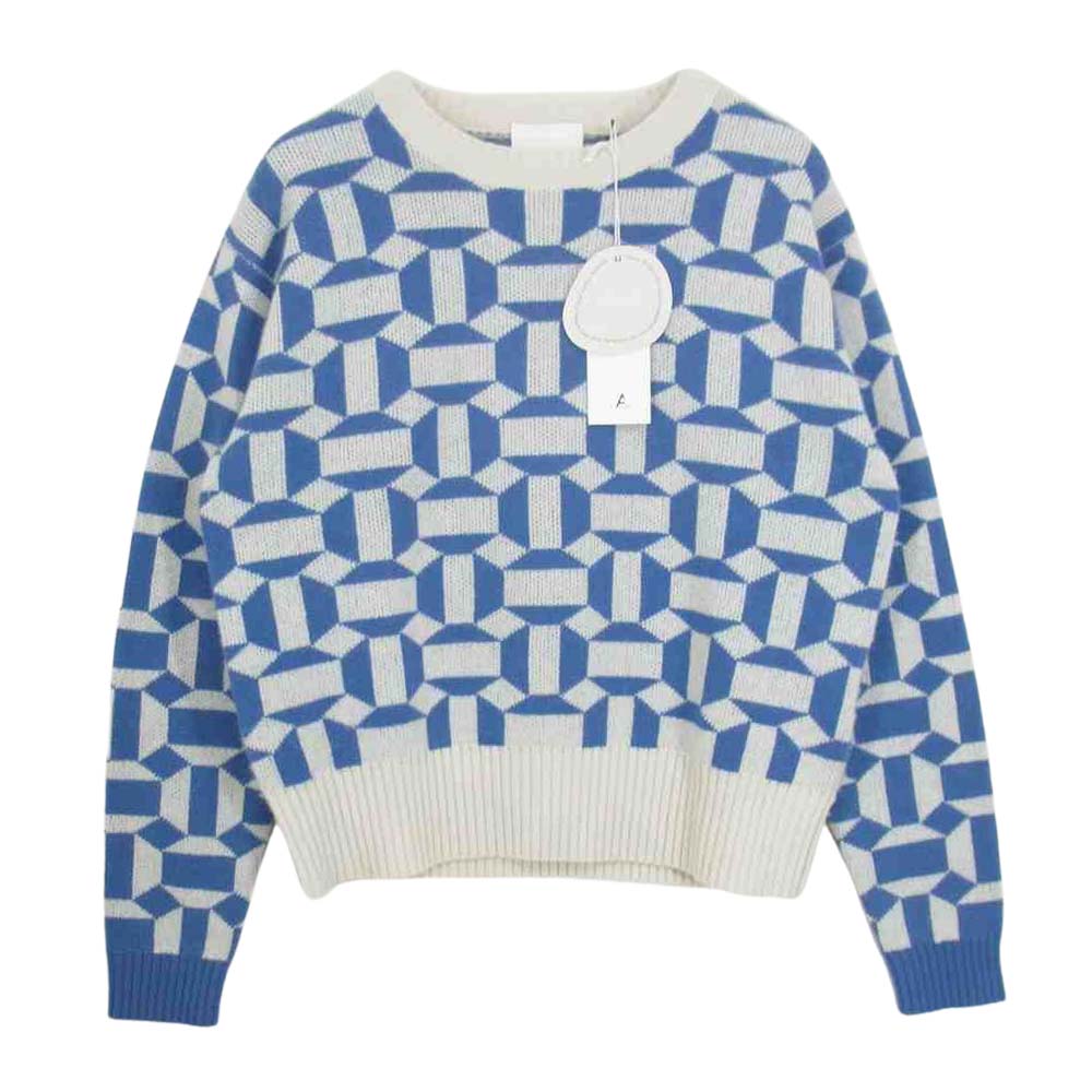 アリュード 国内正規品 カシミヤ混 幾何学柄 クルーネック リブ ニット ブルー系 S【中古】