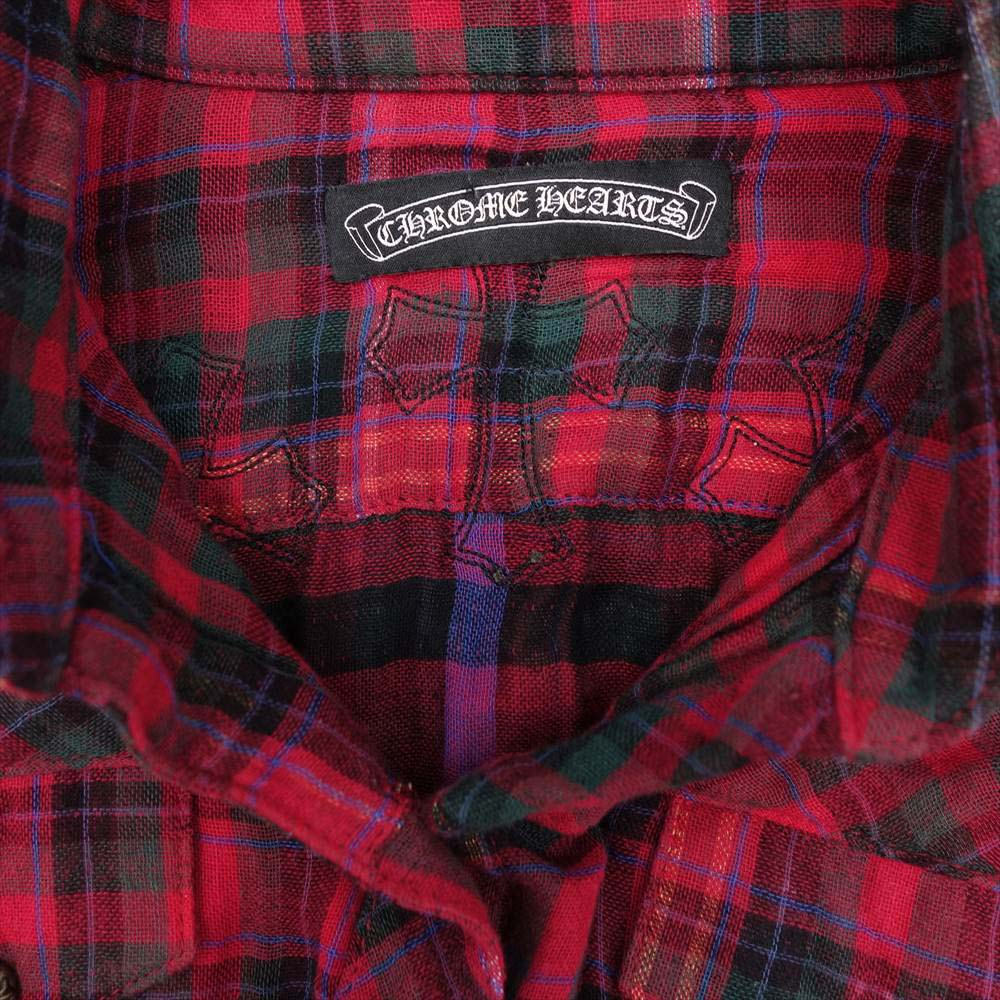CHROME HEARTS クロムハーツ（原本無） 国内正規品 バック クロスパッチ クロスボールボタン チェック シャツ チュニック レッド系 XS【中古】