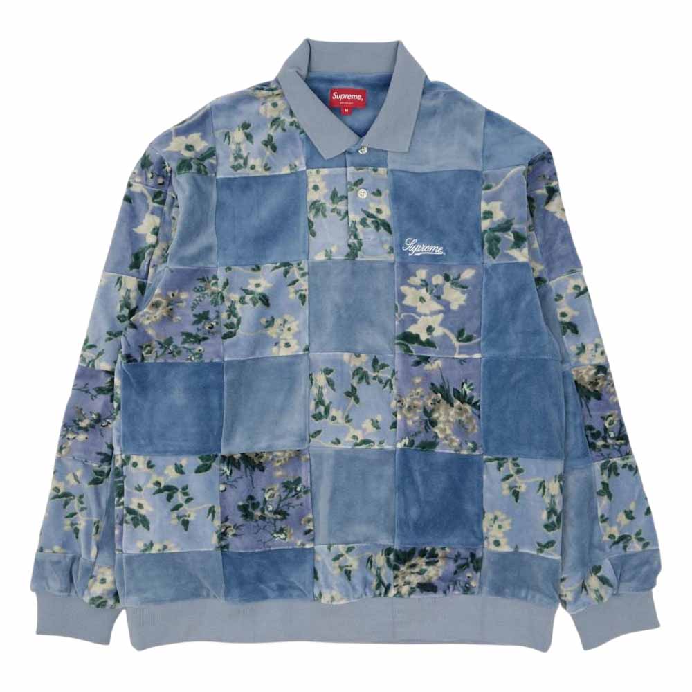 Supreme シュプリーム 21AW Floral Patchwork Velour L/S Polo フローラル パッチワーク ベロア 長袖 ポロシャツ ライトブルー系 M【新古品】【未使用】【中古】