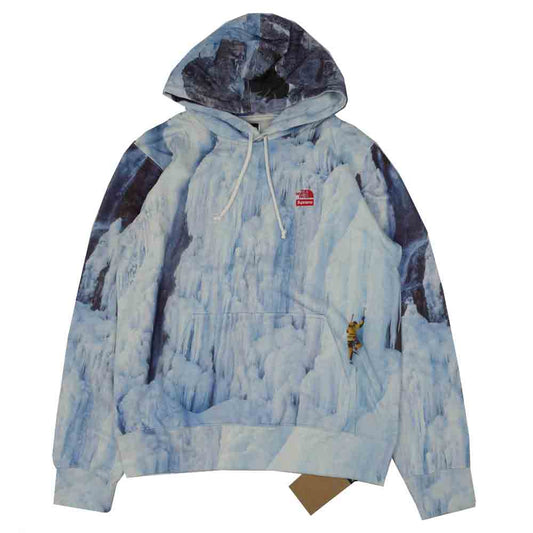 Supreme シュプリーム 21SS NT12100I ×THE NORTH FACE Ice Climb Hooded Sweatshirt ノースフェイス 総柄パーカー ライトブルー系 M【新古品】【未使用】【中古】