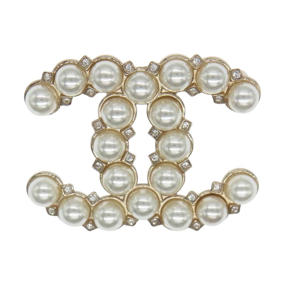 CHANEL シャネル A21A ココマーク フェイクパール ラインストーン ブローチ ホワイト系【美品】【中古】