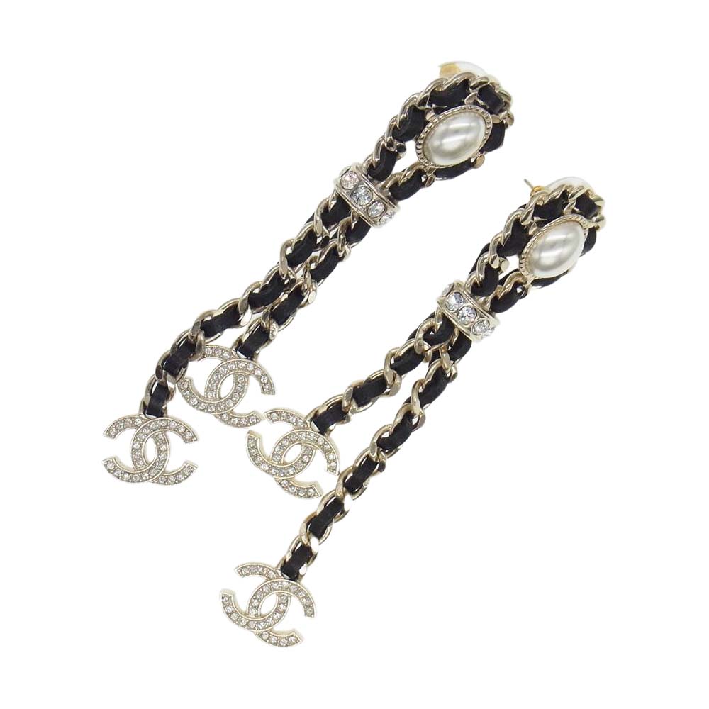 CHANEL シャネル B21B ココマーク フェイクパール チェーン ピアス ブラック系 シルバー系【美品】【中古】