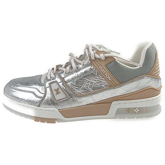 LOUIS VUITTON ルイ・ヴィトン 21AW 1A996C LV トレイナー ライン スニーカー メタリックレザー シルバー系 ライトブラウン系 8【極上美品】【中古】