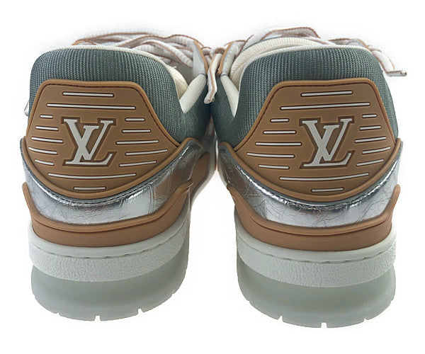 LOUIS VUITTON ルイ・ヴィトン 21AW 1A996C LV トレイナー ライン スニーカー メタリックレザー シルバー系 ライトブラウン系 8【極上美品】【中古】