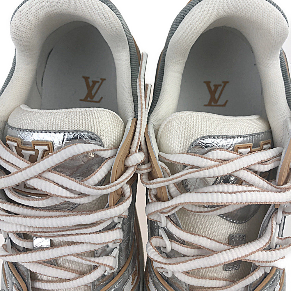 LOUIS VUITTON ルイ・ヴィトン 21AW 1A996C LV トレイナー ライン スニーカー メタリックレザー シルバー系 ライトブラウン系 8【極上美品】【中古】