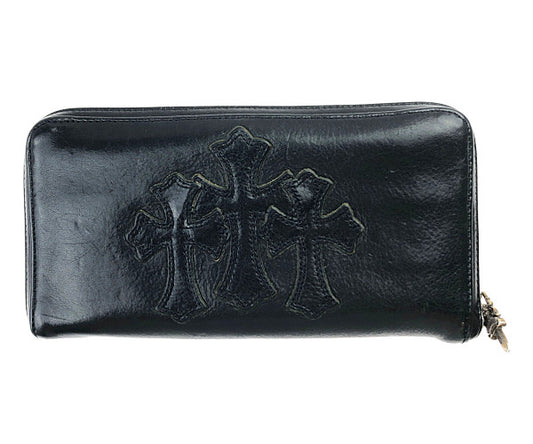 CHROME HEARTS クロムハーツ（原本無） REC F ZIP 3 セメタリークロス ラウンドジップ レザー ウォレット ブラック系【中古】