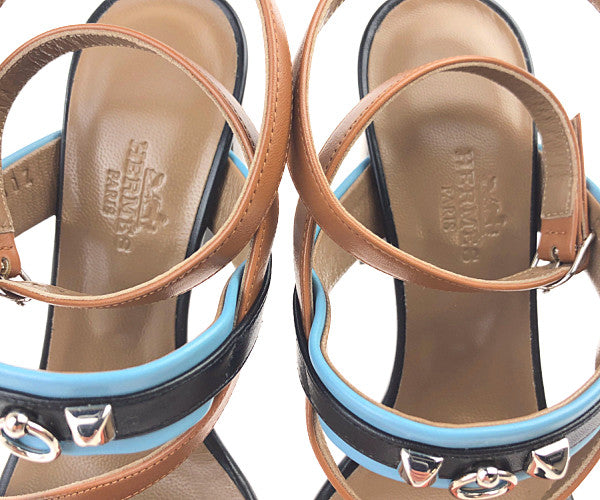 HERMES エルメス Antigone sandal アンティゴネ サンダル コリエドシアン レザー ブラック系 ブラウン系 36【極上美品】【中古】