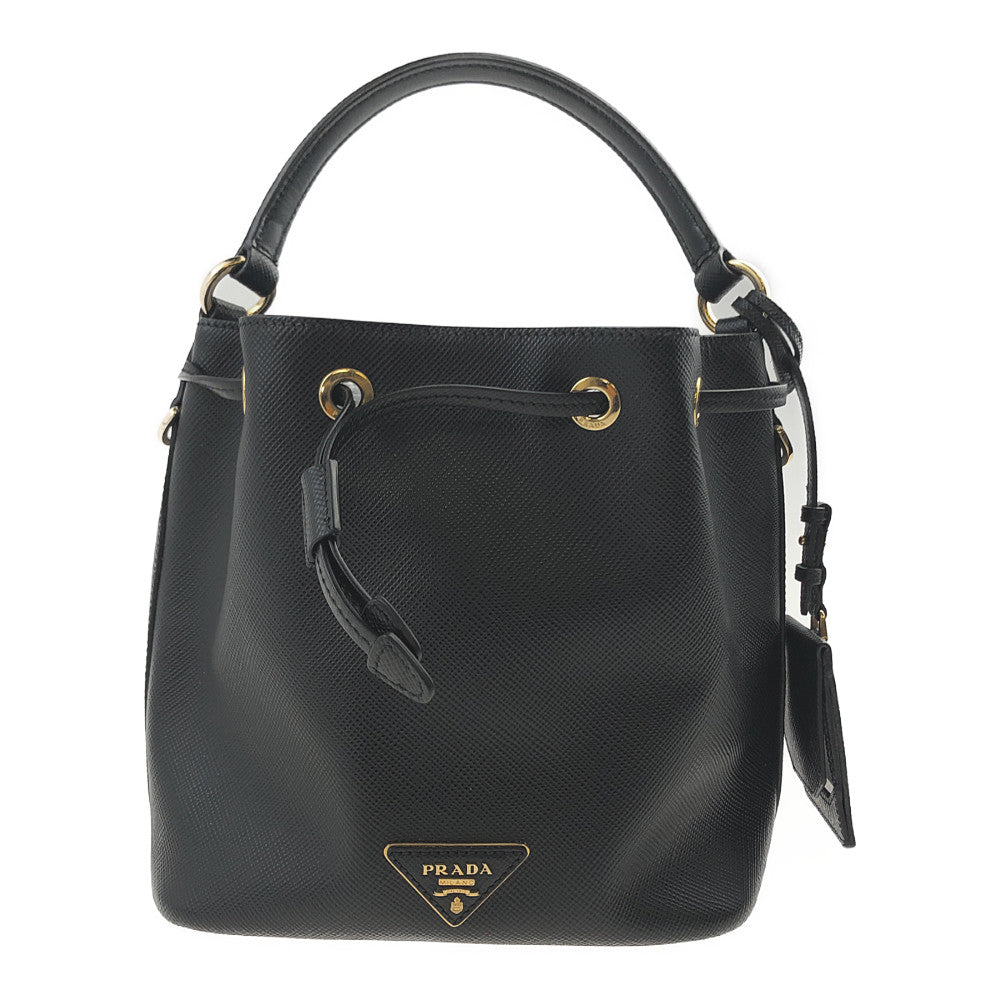 PRADA プラダ 1BE032 サフィアーノ レザー 巾着 ロゴ 2way バケット ハンド ショルダー バッグ ブラック系【中古】