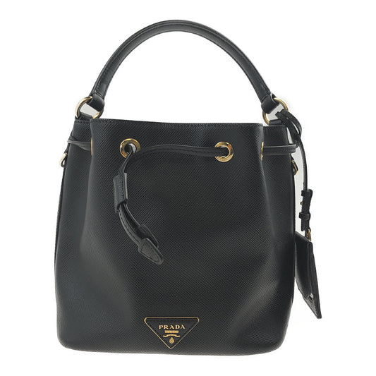 PRADA プラダ 1BE032 サフィアーノ レザー 巾着 ロゴ 2way バケット ハンド ショルダー バッグ ブラック系【中古】