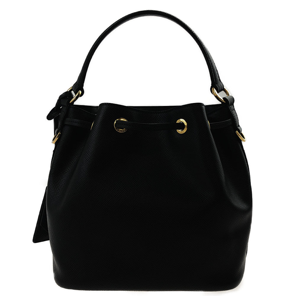 PRADA プラダ 1BE032 サフィアーノ レザー 巾着 ロゴ 2way バケット ハンド ショルダー バッグ ブラック系【中古】