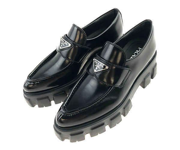 PRADA プラダ 1D663M Monolith モノリス ブラッシュド レザー ポインテッド トゥ ローファー シューズ ブラック系 37.5【極上美品】【中古】