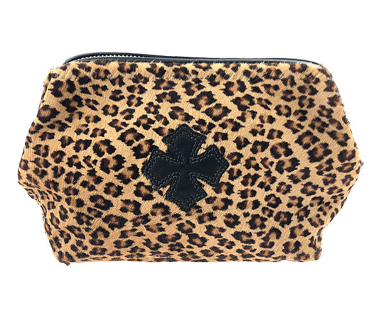 CHROME HEARTS クロムハーツ（原本無） レオパード ハラコ コスメ ポーチ CHプラスパッチ ライトブラウン系 ヒョウ柄【中古】