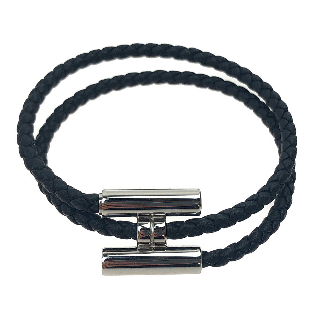 HERMES エルメス トゥルニス シルバー金具 2連 レザー ブレスレット ブラック系【美品】【中古】