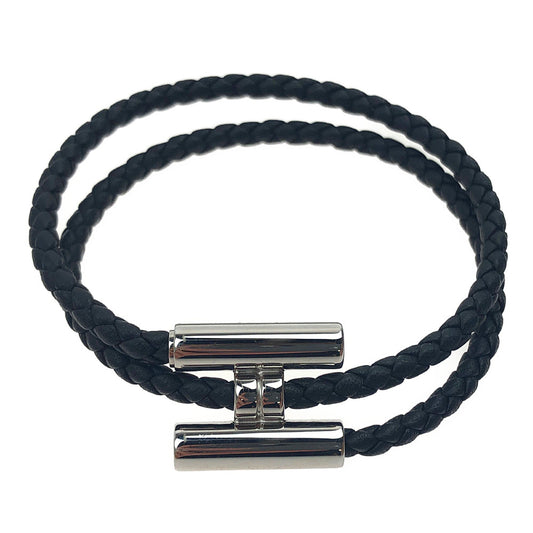 HERMES エルメス トゥルニス シルバー金具 2連 レザー ブレスレット ブラック系【美品】【中古】