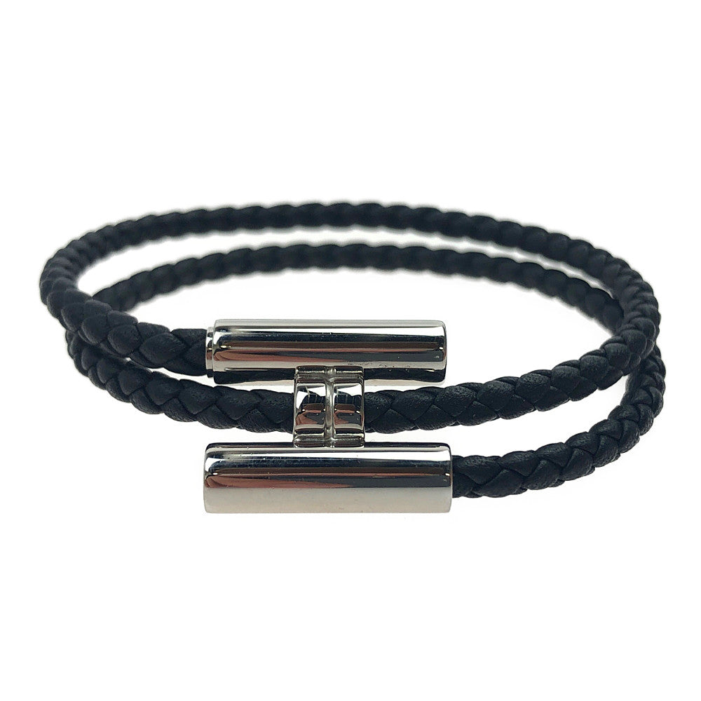 HERMES エルメス トゥルニス シルバー金具 2連 レザー ブレスレット ブラック系【美品】【中古】