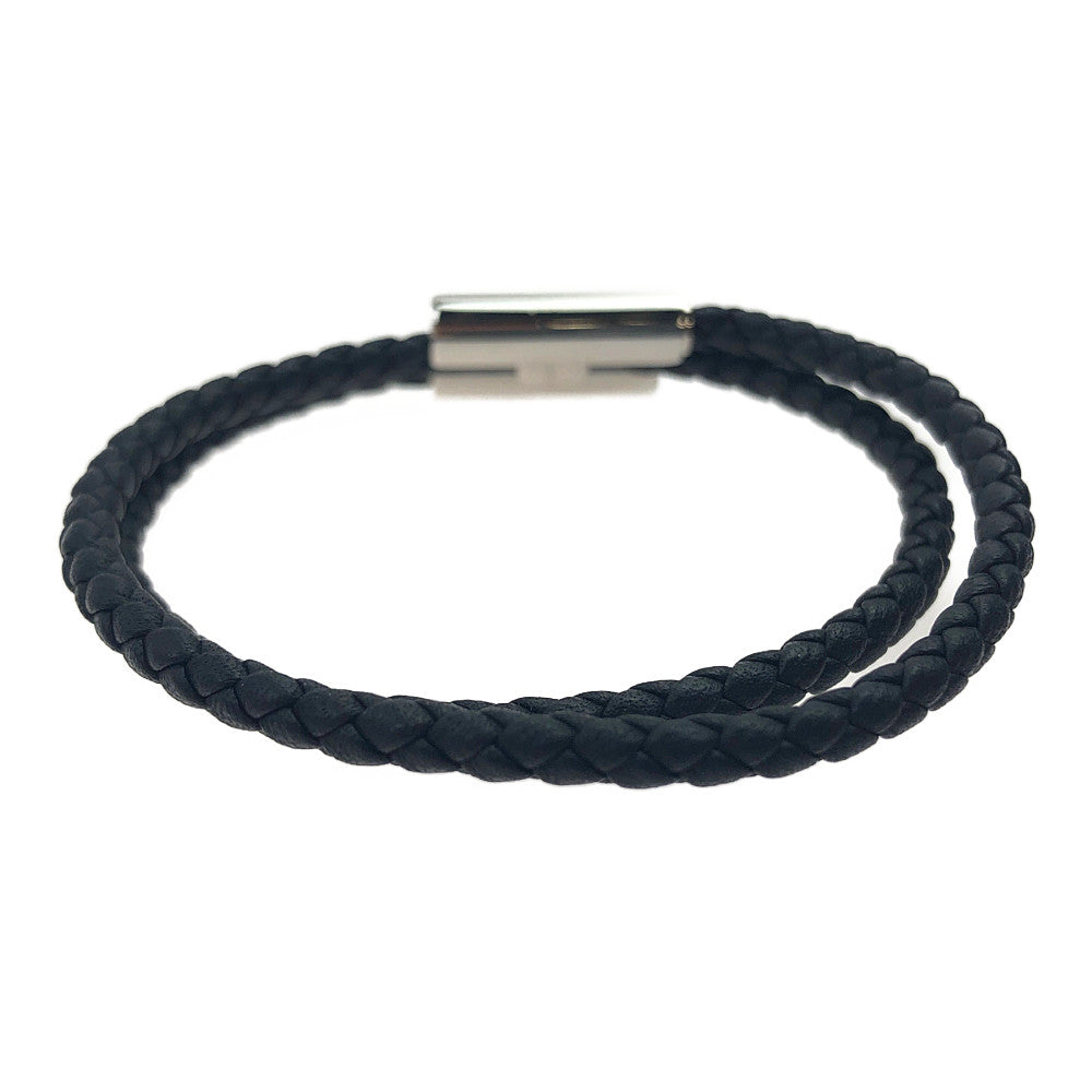 HERMES エルメス トゥルニス シルバー金具 2連 レザー ブレスレット ブラック系【美品】【中古】