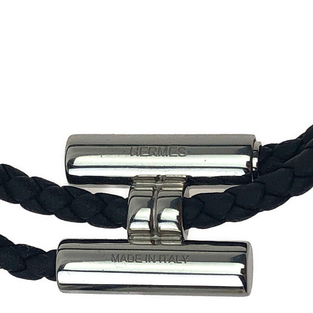 HERMES エルメス トゥルニス シルバー金具 2連 レザー ブレスレット ブラック系【美品】【中古】