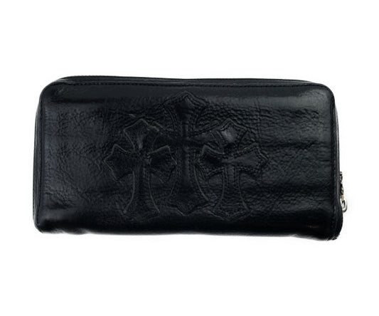 CHROME HEARTS クロムハーツ（原本無） REC F ZIP 3 セメタリークロス ラウンドジップ  レザー ウォレット　 ブラック系【中古】
