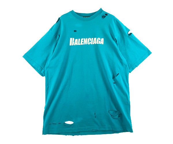 BALENCIAGA バレンシアガ 21SS 651795 TKVB8 国内正規品 Caps Destroyed Flatground Tee デストロイ加工 ロゴ クルーネック Tシャツ ターコイズブルー系 XS【美品】【中古】