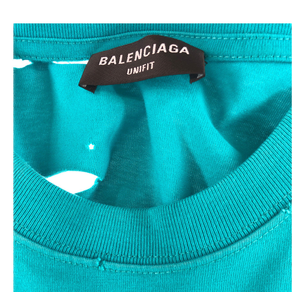 BALENCIAGA バレンシアガ 21SS 651795 TKVB8 国内正規品 Caps Destroyed Flatground Tee デストロイ加工 ロゴ クルーネック Tシャツ ターコイズブルー系 XS【美品】【中古】