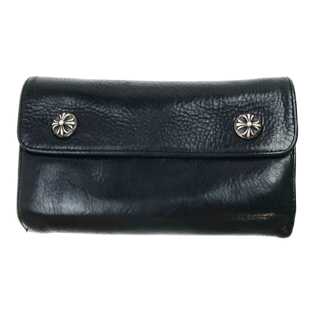 CHROME HEARTS クロムハーツ（原本無） WAVE WALLET ウェーブ クロスボールボタン レザー ウォレット  ブラック系【中古】