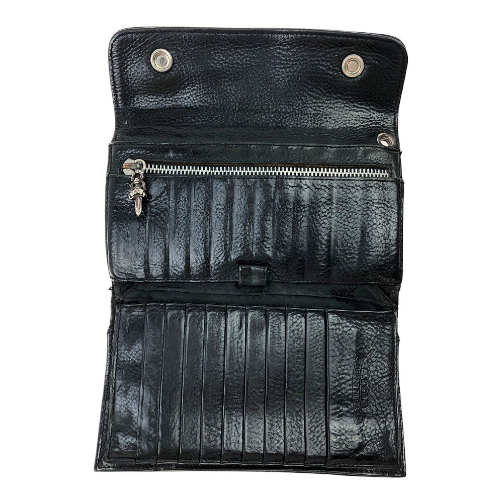 CHROME HEARTS クロムハーツ（原本無） WAVE WALLET ウェーブ クロスボールボタン レザー ウォレット  ブラック系【中古】