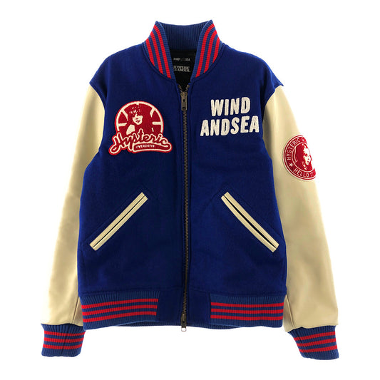 HYSTERIC GLAMOUR ヒステリックグラマー × WIND AND SEA ウィンダンシー 20AW WDS-HYS-01 STADIUM JUMPER レザー切替 スタジアム ジャンパー ブルゾン スタジャン バーシティジャケット ブルー系 ホワイト系 S【中古】