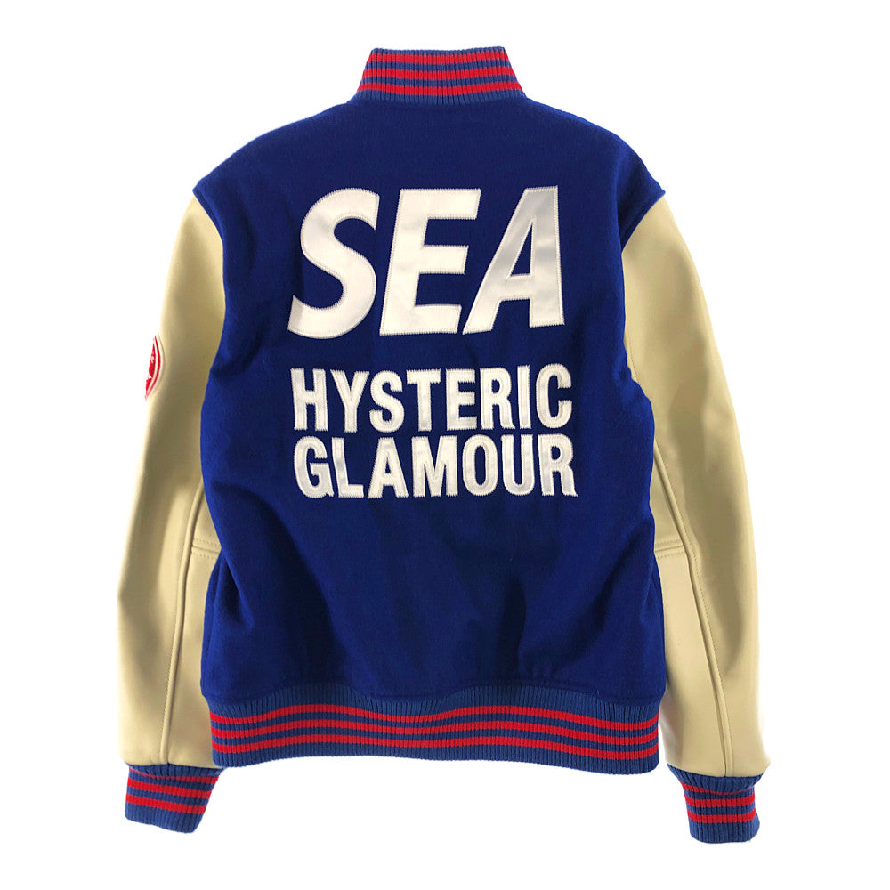 HYSTERIC GLAMOUR ヒステリックグラマー × WIND AND SEA ウィンダンシー 20AW WDS-HYS-01 STADIUM JUMPER レザー切替 スタジアム ジャンパー ブルゾン スタジャン バーシティジャケット ブルー系 ホワイト系 S【中古】
