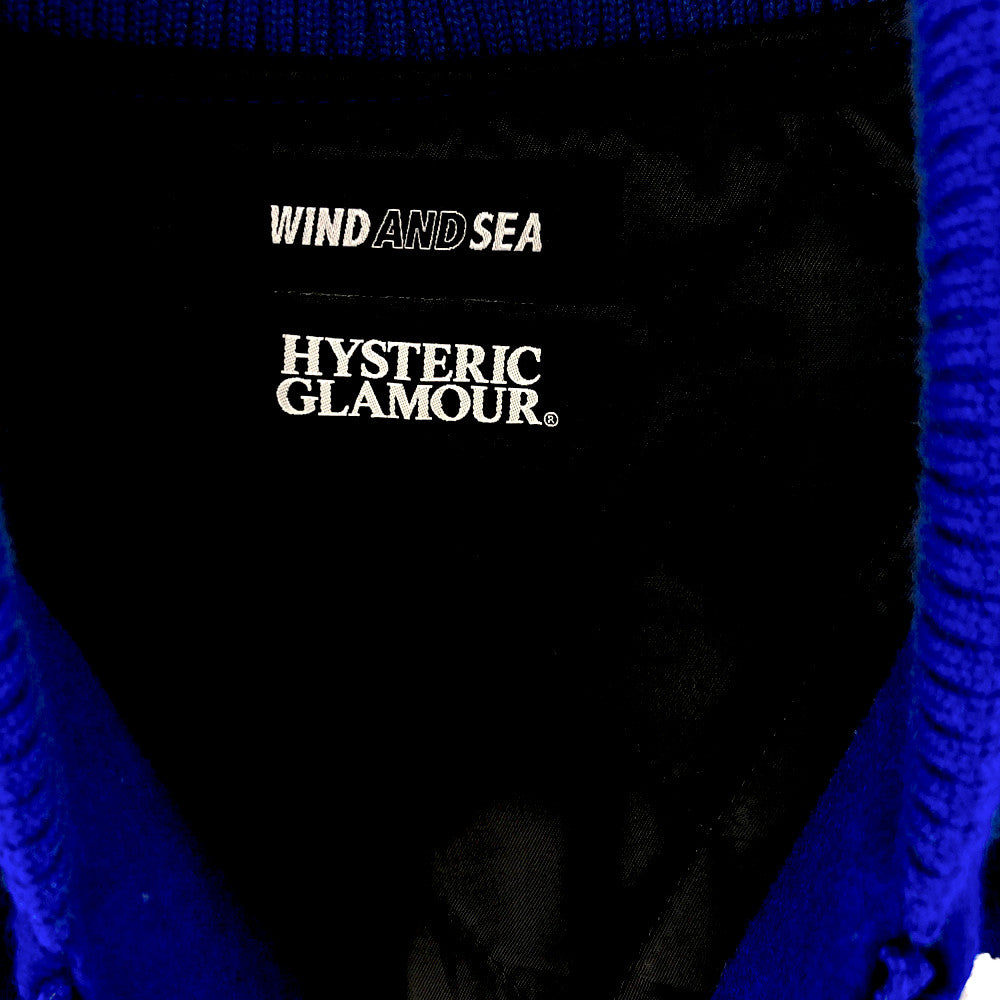 HYSTERIC GLAMOUR ヒステリックグラマー × WIND AND SEA ウィンダンシー 20AW WDS-HYS-01 STADIUM JUMPER レザー切替 スタジアム ジャンパー ブルゾン スタジャン バーシティジャケット ブルー系 ホワイト系 S【中古】