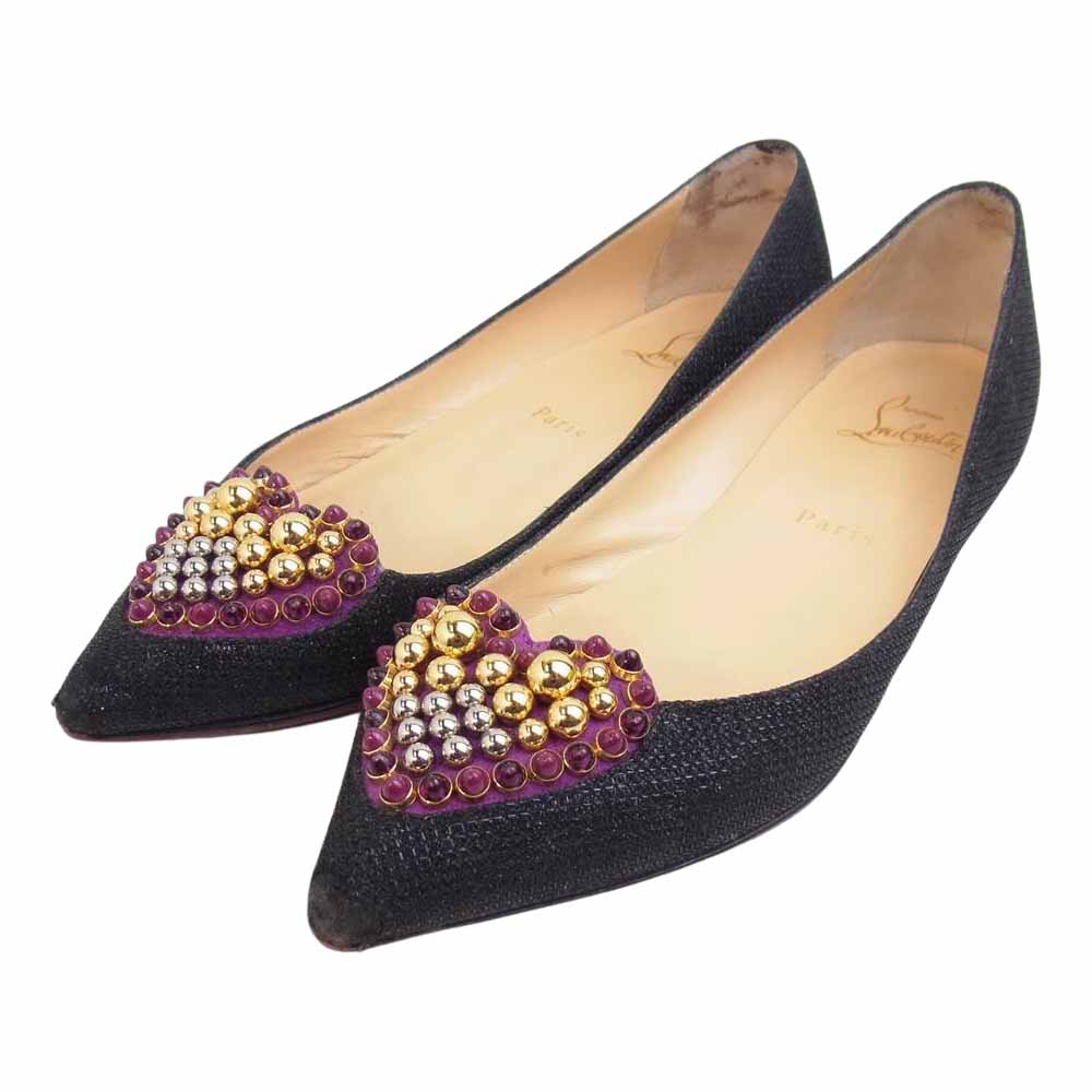 Christian Louboutin クリスチャンルブタン ボール スタッズ ハート ローヒール フラット パンプス ブラック系 37【中古】